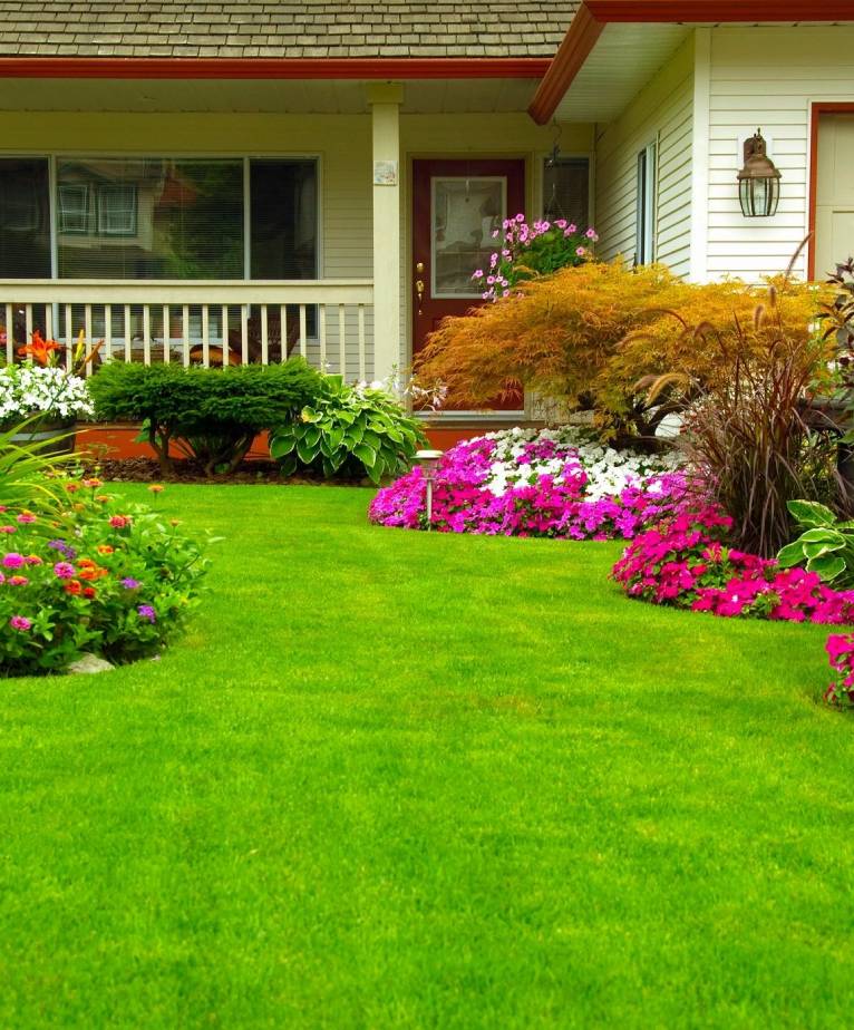 Eastern Green A garden with flowers and grass in front of a house.